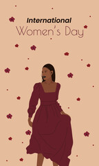 Happy international women's day. Black girl in burgundy dress with falling flowers poppies on beige yellow background. Card, invitation, banner
