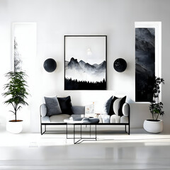 Cozy modern living room interior with Black sofa and decoration room on a Black or white wall background, Generative AI
