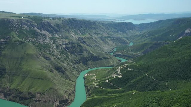Flying slowly forward above Sulakskiy canyon in Dagestan Republic, Russia