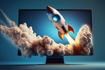 Rocket on computer monitor screen, startup concept, blue background. Generative AI