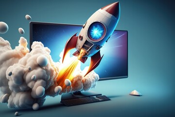 Rocket on computer monitor screen, startup concept, blue background. Generative AI