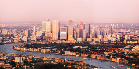 Canary Wharf financial and business district view at sunset. London, UK