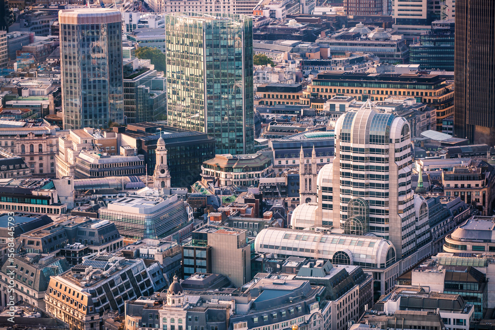 Sticker City of London banking and business district at sunset. London, UK