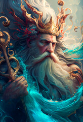 Digital Art of Poseidon, Ancient Greek God of the Sea. Generative AI