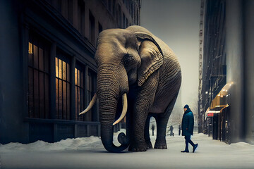 Fototapeta premium Elephant walking in snowy city. Generative AI.