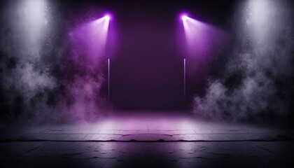 purple, spotlights shine on stage floor in dark room, idea for background, backdrop, mock up, Generative Ai	
