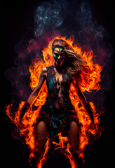 Fototapeta na wymiar Fiery girl. Woman in flames and fire. Generative AI.