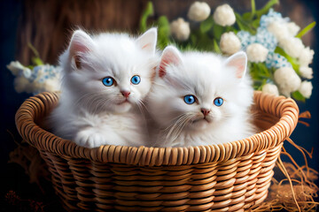 Fototapeta na wymiar Fluffy white kittens sitting in a wicker basket. Generative AI.