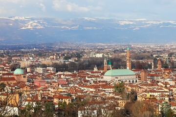 Panorama of VICENZA city in Italy and the famous monument called BASILICA PALLADIANA with the tower