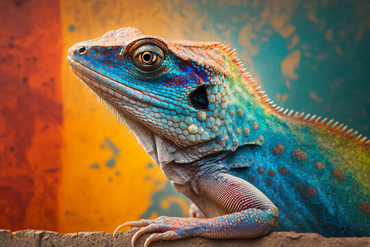 Closeup portrait of lizard in front of a colorful painted wall. Generative AI.