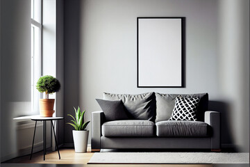 Mockup of a blank photo frame in a luxurious living room including a long plush sofa, wool rug and pillows | Well furnished Livingroom | Generative Ai | Interior design in contemporary style