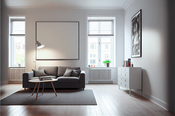 Fototapeta premium Mockup of a blank photo frame in a luxurious living room including a long plush sofa, wool rug and pillows | Well furnished Livingroom | Generative Ai | Interior design in contemporary style