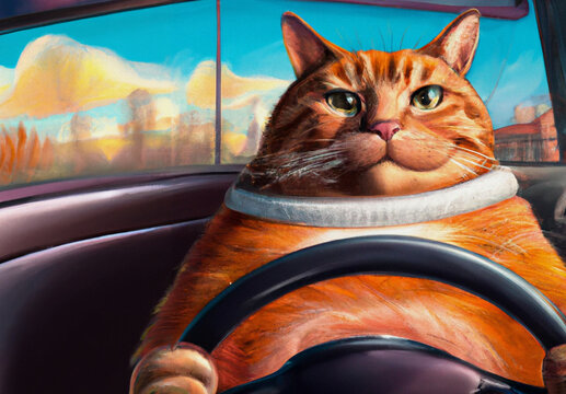 Funny fat cat drives a car. Digital painting made with generative AI. 