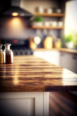 Fototapeta na wymiar Wood table top on blur kitchen counter room background, generative ai