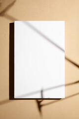 White canvas, blank picture mockup hanging on beige wall with dark shadows of leaves. Poster mockup, empty canvas with shadows of plant, front view