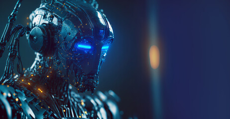 Digital technology and innovation communication humon and humanoid concept. Artificial intelligence, cyber robot background blue. Generation AI