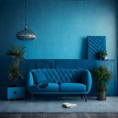 Cozy modern living room interior with Blue sofa and decoration room on a Blue or white wall background, Generative AI
