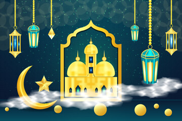 Eid Mubarak premium vector illustration with luxury design. Blue gradient Eid Mubarak background with stars and moon. Islamic light design with golden eid Mubarak design