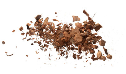 Coconut peel husk flying explosion, coconut chopped big L size abstract cloud fly. Coconut shell peel fertilizer splash throwing in Air. White background Isolated high speed shutter, freeze action