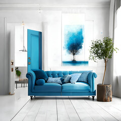 Cozy modern living room interior with Blue sofa and decoration room on a Blue or white wall background, Generative AI

