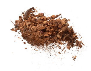 Coconut peel husk flying explosion, coconut chopped medium M size abstract fall down garden. Coconut shell peel fertilizer splash throwing in Air. White background Isolated high speed shutter, freeze