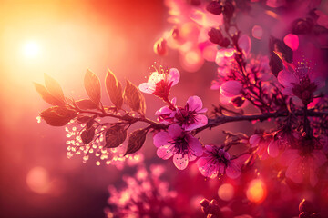 Spring border or background art with pink blossom, generative ai