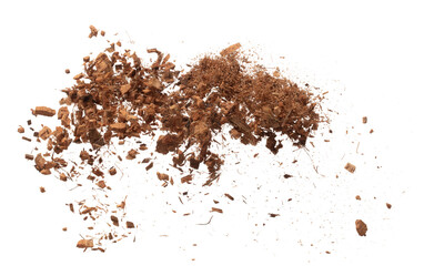 Coconut peel husk flying explosion, coconut chopped medium M size abstract fall down garden. Coconut shell peel fertilizer splash throwing in Air. White background Isolated high speed shutter, freeze