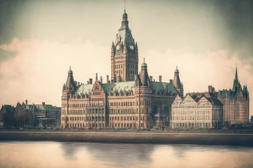 Papier Peint photo autocollant Anvers Panorama of the city of Antwerp, Belgium, including the Scheldt River and the imposing Pilotage Authority Building. toned coolly. Generative AI