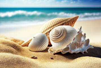 Fototapeta na wymiar beach holiday background, seashells on seashore in tropical beach summer, generative ai