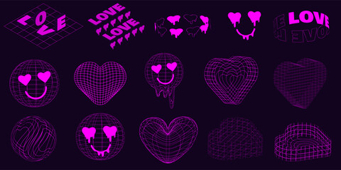 Geometry wireframe shapes and grids in neon pink color. 3D hearts, abstract backgrounds,love concept, cyberpunk elements in trendy psychedelic rave style. 00s Y2k retro futuristic aesthetic