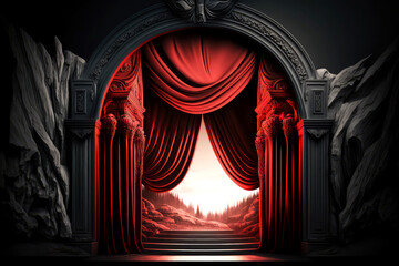Red stage curtain with arch entrance, generative ai