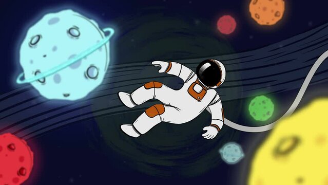 Loopable cartoon astronaut flying in space, surrounded by colorful planets, 4k 2D animation, green screen included