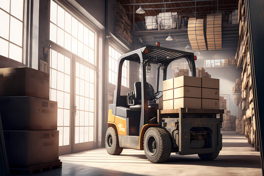 Concept center of logistic storage. Forklift with box working in Warehouse industrial premises for storing materials and wood. Generation AI