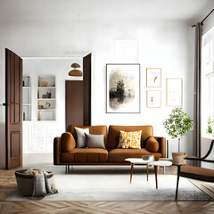 Cozy modern living room interior with brown sofa and decoration room on a brown or white wall background, Generative AI
