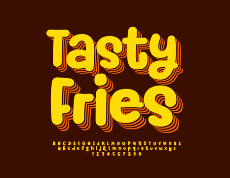 Vector advertising emblem Tasty Fries with layered trendy Font. 3D handwritten Alphabet Letters, Numbers and Symbols set