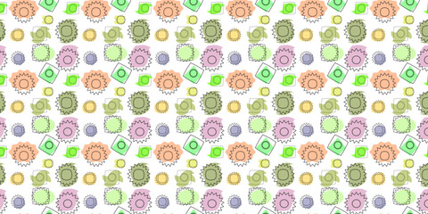 seamless pattern with sun and irregular multicolored flowers on a beige background