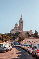 Marseille, France - FEB 28, 2022: Basilica of Notre-Dame de la Garde or la Bonne Mere in Marseille, France