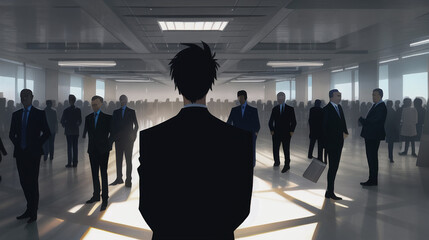 Fototapeta premium シルエットのたくさんビジネスマンのイメージ 群衆 通勤 仕事 ビジネス イメージ Image of businessmen with many silhouettes crowd commuting work business image