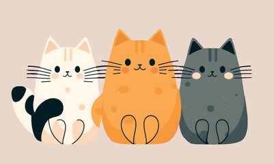 extremely cute cats sitting, vector illustration, flat and minimal design