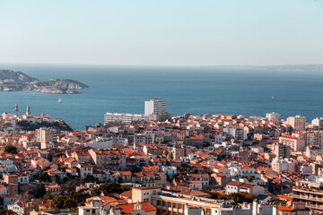 Naklejka premium Marseille, France - FEB 28, 2022: Aerial view of the city of Marseille on a sunny winter day