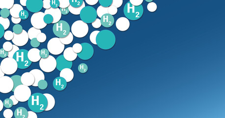 Kreise in den Farben Weiß und zwei Blautönen mit dem Schriftzug H2 für Wasserstoff