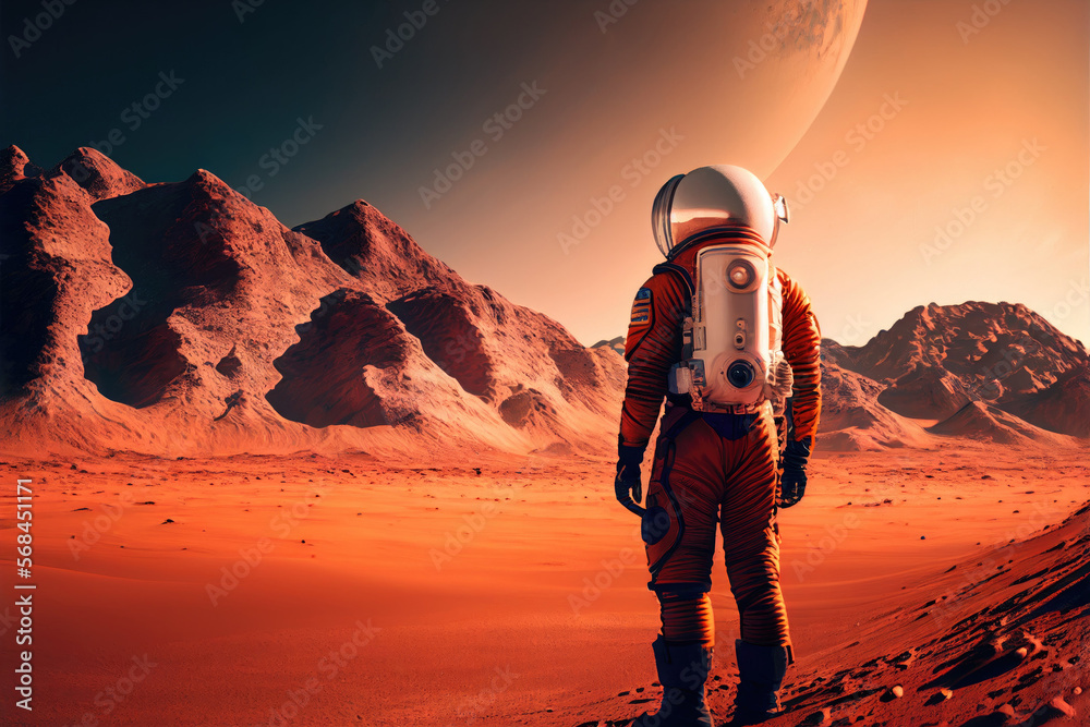 Wall mural alone astronaut in space suit on surface of red planet. space exploration, colonization of new plane