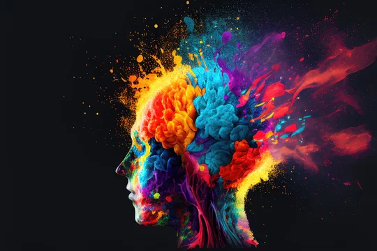 Colorful painted explosion in head. Concept of creative mind and imagination. Silhouette of human hand with colored fragments. Created with generative AI