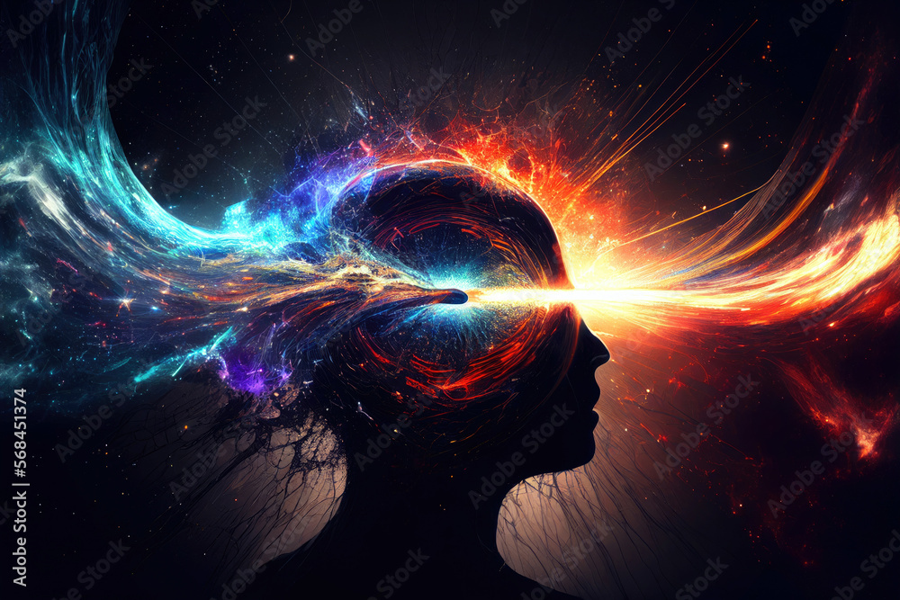 Wall mural silhouette of head with glowing neural connections. spiritual connection with other world. trance an