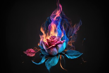 Burning flower, purple blue gradient flame, generative ai. Love concept