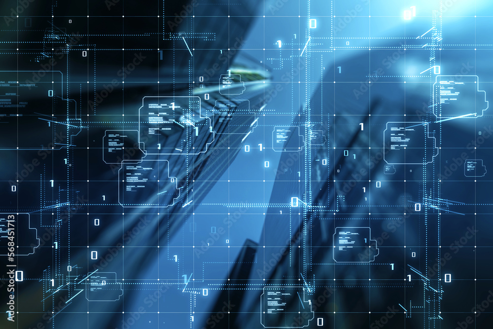 Aufkleber glowing tech metaverse grid on blurry city skyscrapers background. connection technology and laser m