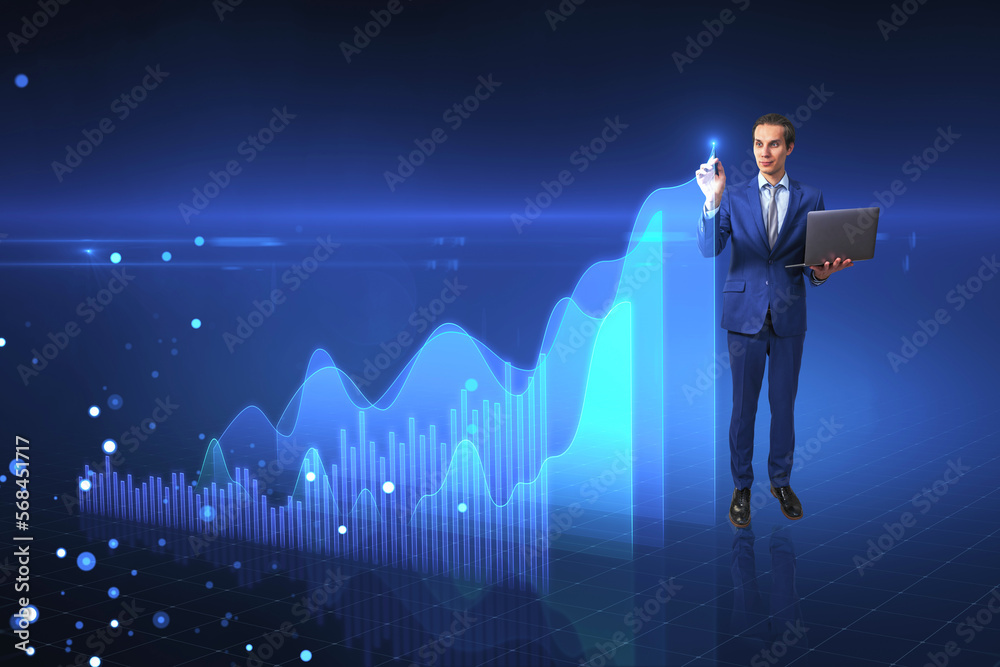 Poster investing, analyzing and economy growth concept with digital growing financial chart graphs and diag
