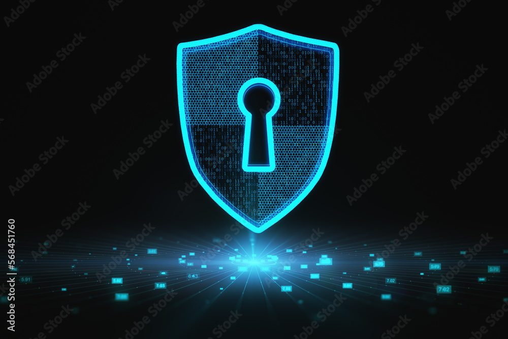 Fototapete Cyber security and safety data concept with digital shield with keyhole inside on abstract dark background above big data visualization. 3D rendering