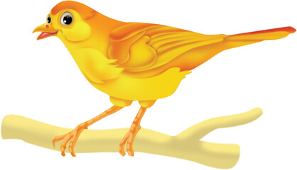 A cute little bird of yellow and orange color is standing on the trunk of a tree