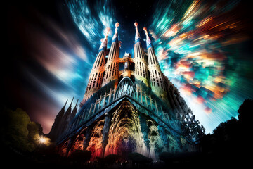 La Sagrada Familia Barcelona Spain taken on a long exposure, generative ai